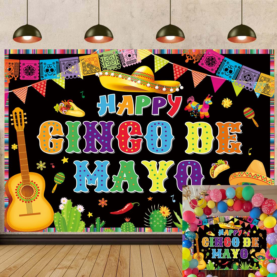 Cinco De Mayo Banner Backdrop 8x6ft Mexico Festival Photography Background Colorful Flag Cactus Taco Banner for Mexican Themed Birthday Party
