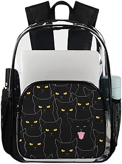 Mochila transparente preta engraçada para gatos livros, mochila transparente impermeável de gatinho de desenho animado mochila transparente de PVC com alça de ombro reforçada para escola, trabalho, viagens, Multicor