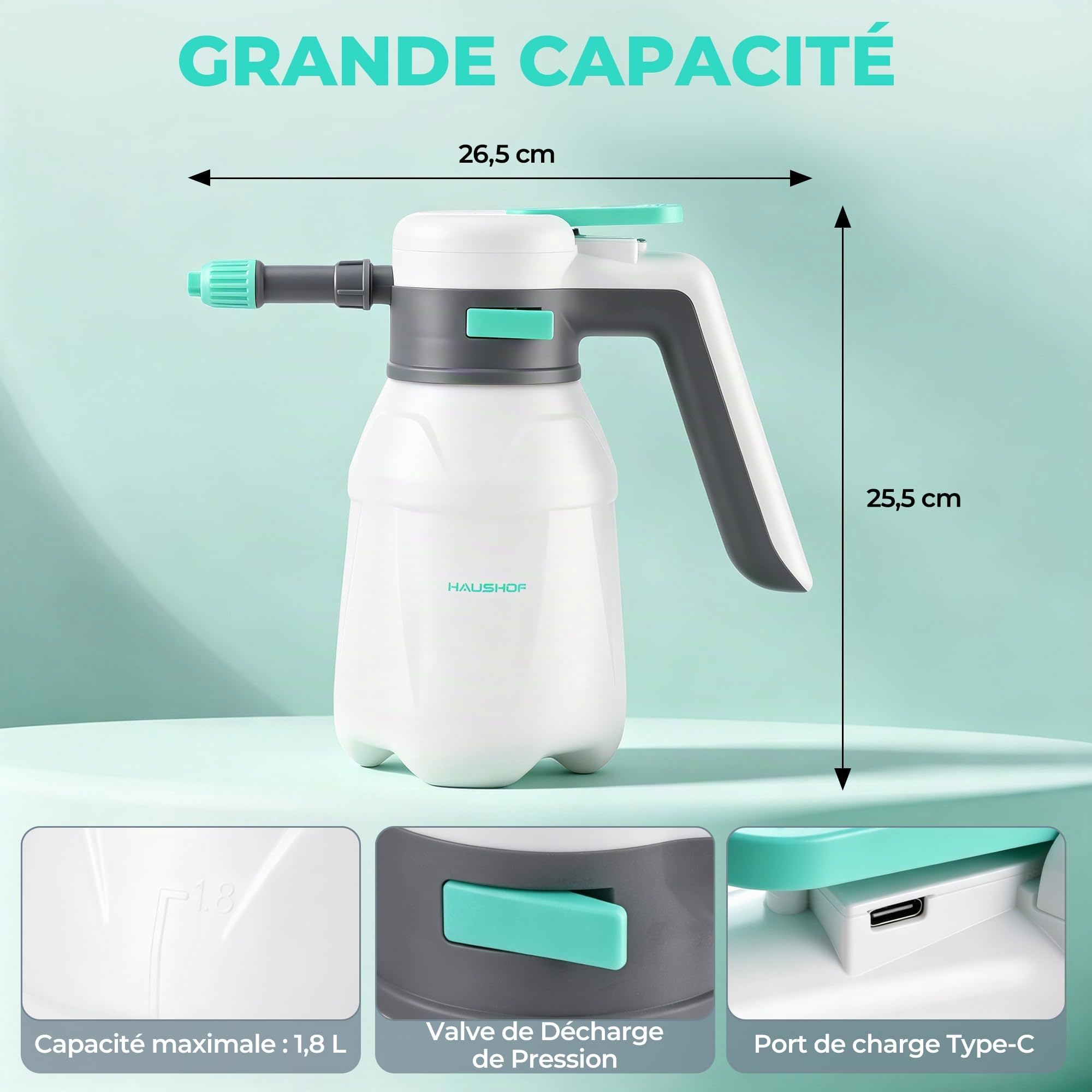 HAUSHOF Pulvérisateur de Mousse Électrique 1,8 L USB-C pour Lavage Auto