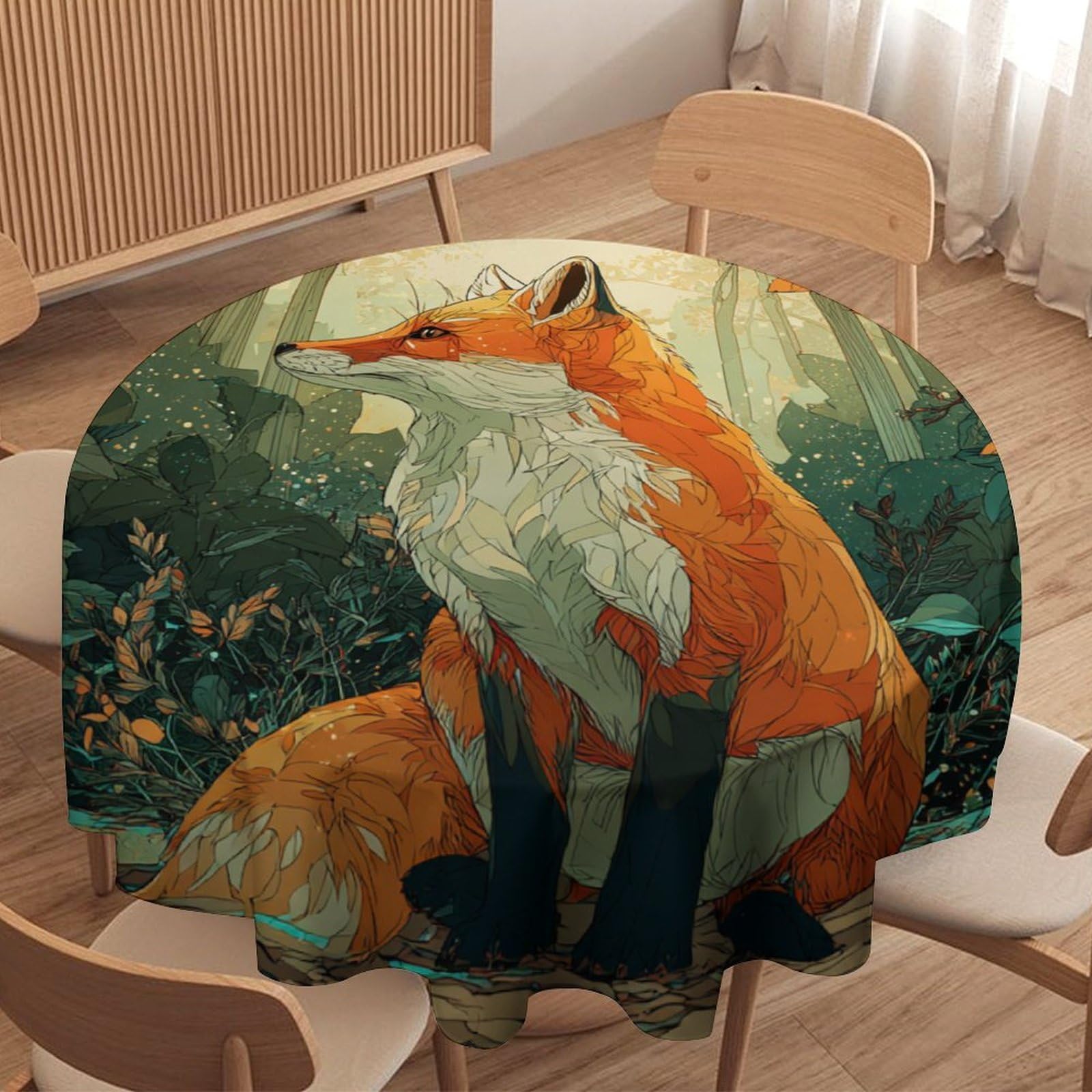 LUYYSKY Modern Realistic Animal Fox Round Tablecloth Colorful Vintage Autumn Forest Hunting Theme Wildlife Fox Washable Decor for Table Cover for Kitchen-152.4" Wx152.4 L cm