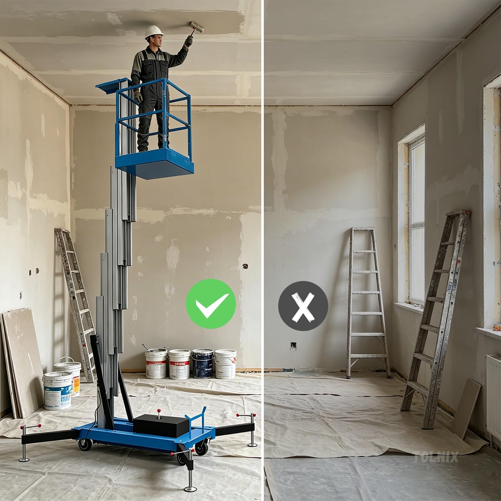 Elektrischer Gerüstplattformlift, mobiler Personenaufzug aus Manganstahl mit 1,1 m Leitplanke, hydraulische Hebeplattform von 13 bis 46 Fuß for Lager, Bau und Wartung(Single Mast,13ft/4m)