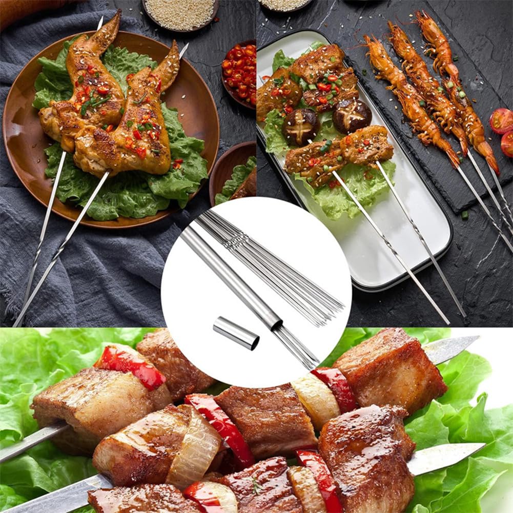 Juego de 50 pinchos de kabob, de metal de 14 pulgadas, planos, largos, con tubo de almacenamiento portátil, pinchos reutilizables de acero inoxidable para acampar al aire libre.