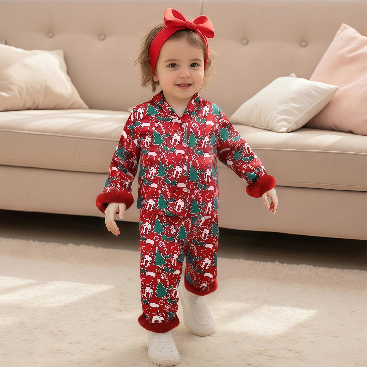 Springcmy Toddler Baby Girl Christmas Pajama Sets Button Down Lapel Silk Shirt Elastic Pants 2Pcs Xmas Sleepwear Loungewear - Image 5