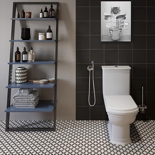 Miniatura 7 de Divertido lienzo de pared de gato en blanco y negro, decoración moderna de pared de baño, gato sentado en el inodoro, lectura de periódicos, pintura