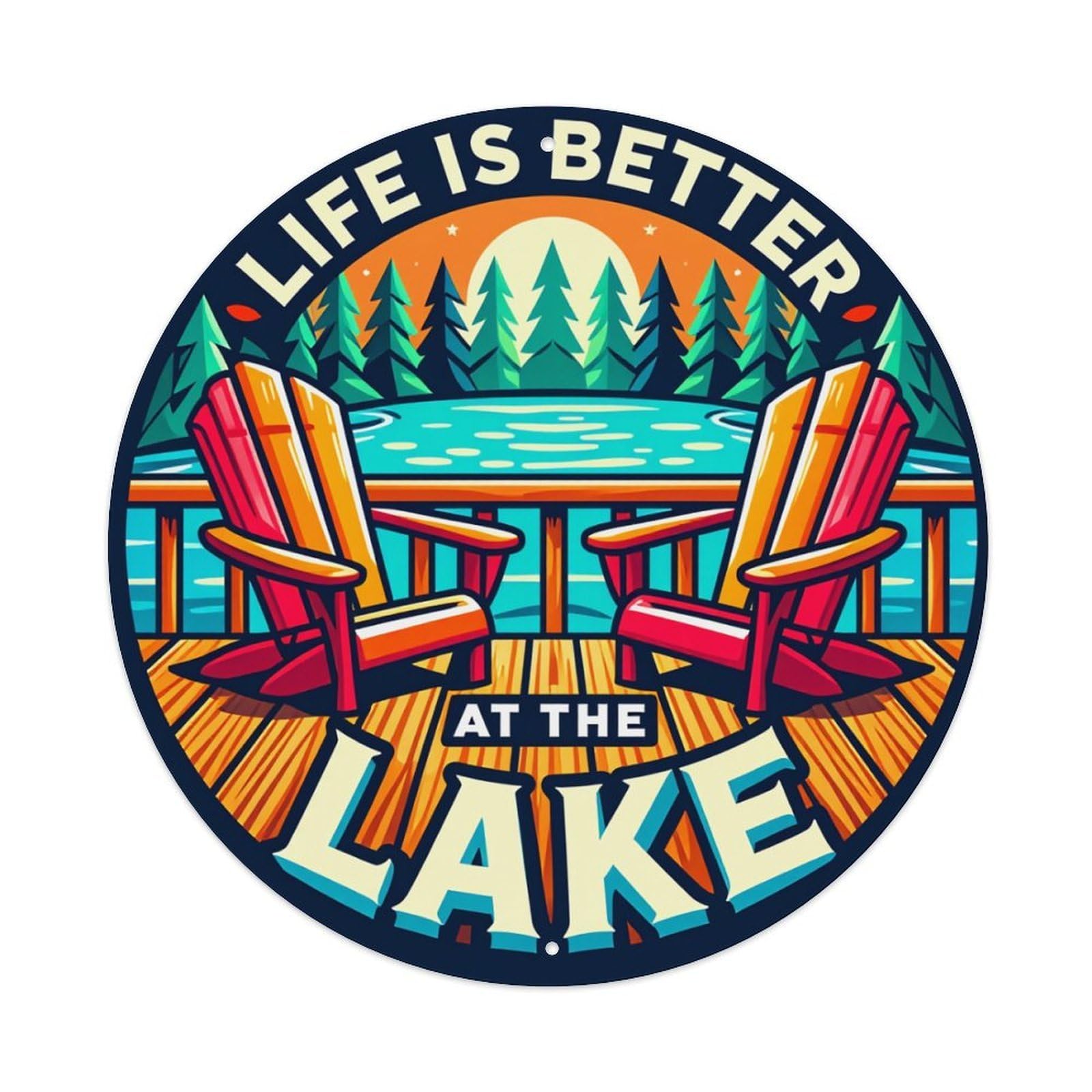 Lake Chair Sunset Trees Water Round Tin Sign Vintage Metal Poster, Home Bar Garage Man Cave Cafe Indoor & Outdoor Wall Decoration 8x8Inches