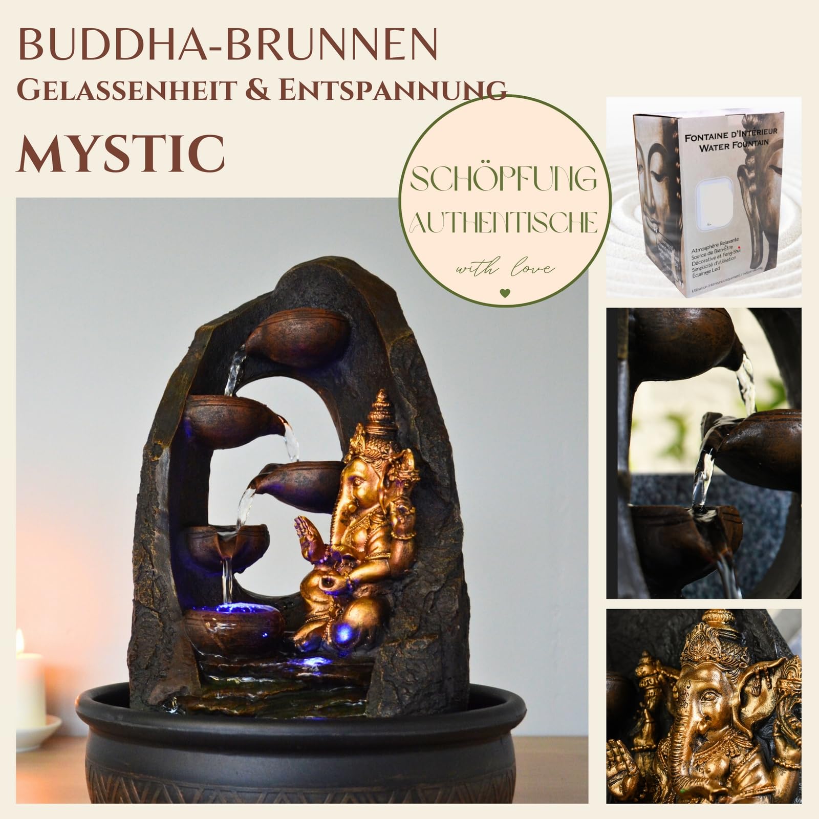 Buddha Ganesh Innenbrunnen mit farbenfrohen LED -Licht - Feng Shui Zen Dekoration - Bed -Träger - H 40 cm - Mystic Zen'light