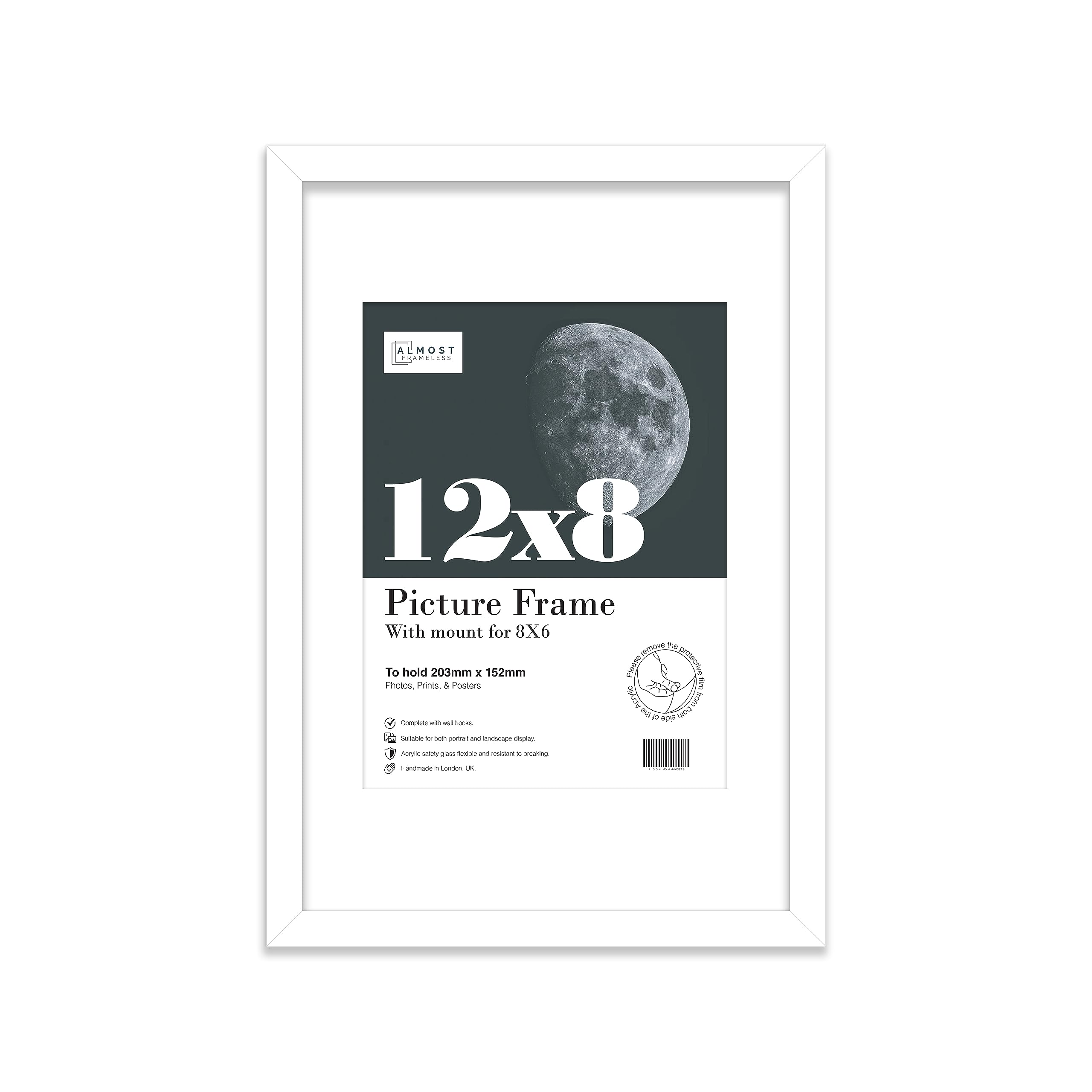 Almost Frameless 12x8 White Picture Frame With Mount for 8x6 Print, Poster or Photo Poster, Photo, Artwork, or Print. Thin Edge Slim Frame Portrait and Landscape Display with Wall Hooks