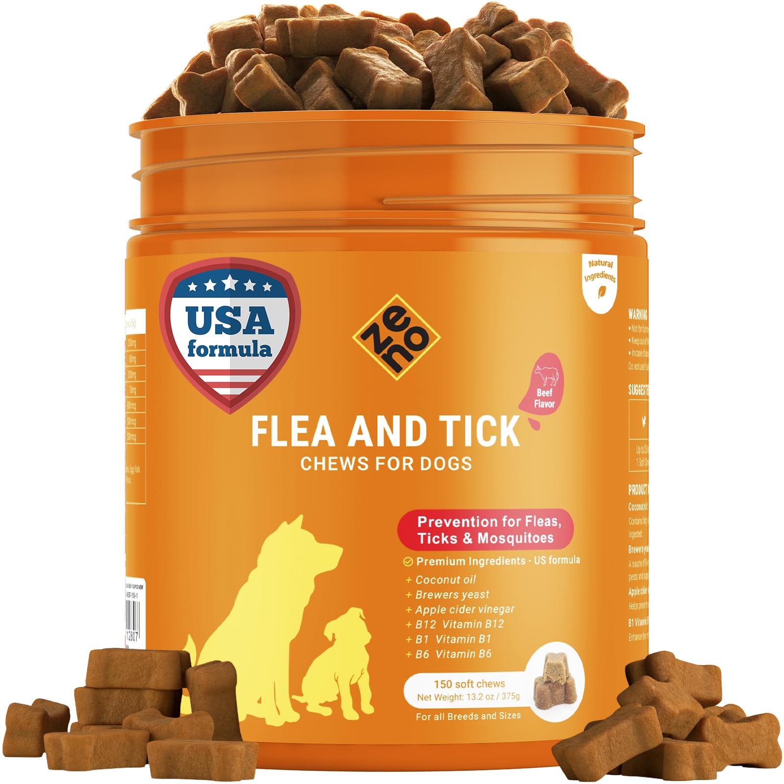 ZENO Flea & Tick Chews for Dogs – 150 Count Soft Chews – Tasty Supplement for Dogs Natural Functional Treats for Daily Flea & Tick Defense – Beef Flavored