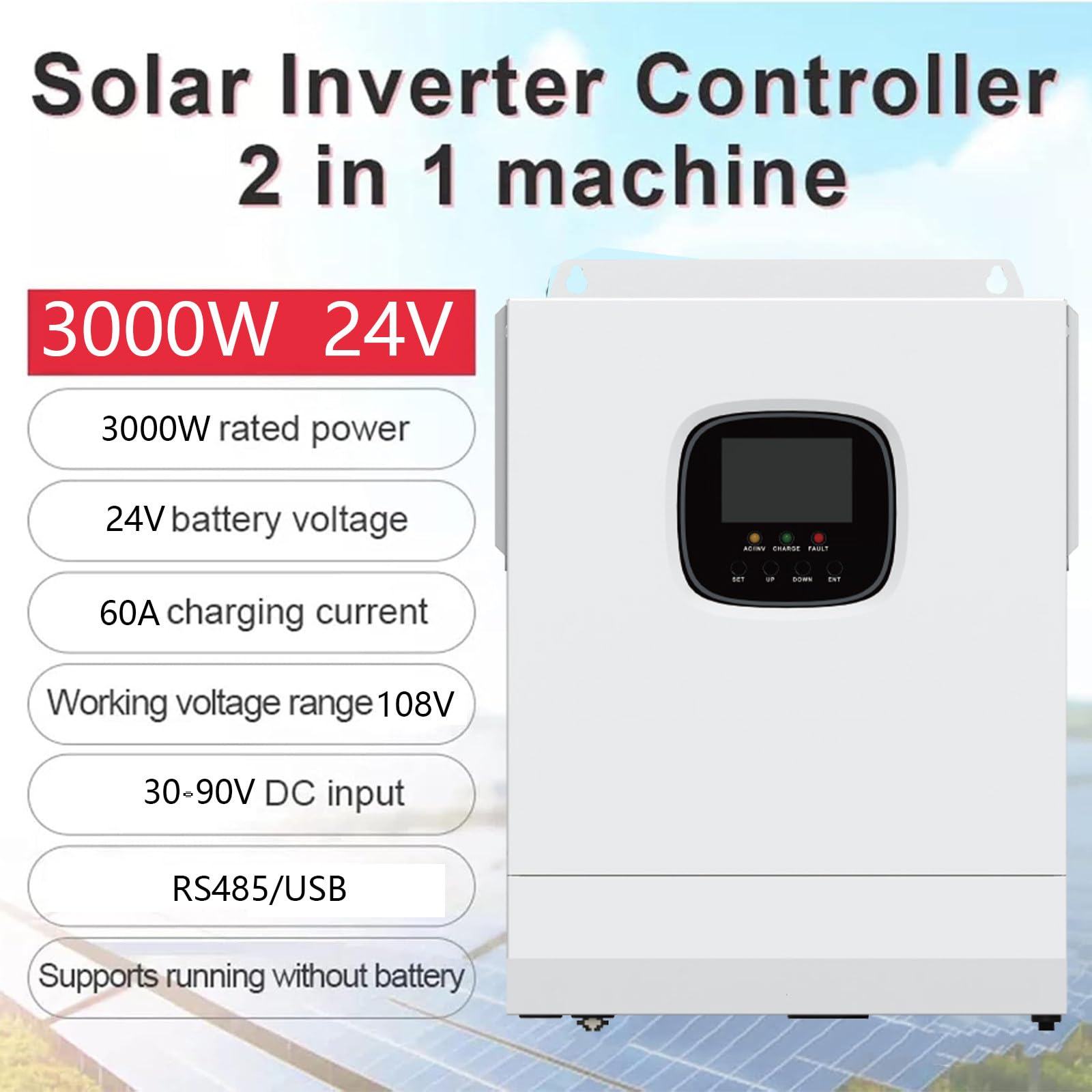 Inverter Solare a Onda Sinusoidale Pura da 3000 W CC 24 V, Caricabatterie Solare MPPT da 60 A e Caricabatterie per Batterie CA da 60 A, Inverter Solare Ibrido con Uscita CA,110V