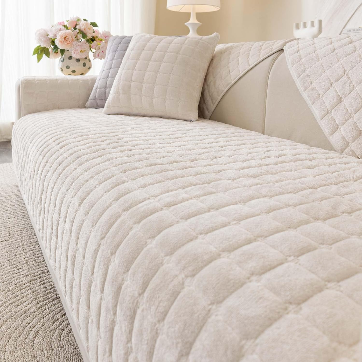 Velvet Washable Couch Cover for Pets Dogs, Non Slip Sectional Sofa Covers for 3 Cushion Couch Sofa L Sharped Sofa Slipcovers, Furniture Protector (1 PCS 36"x94", White)