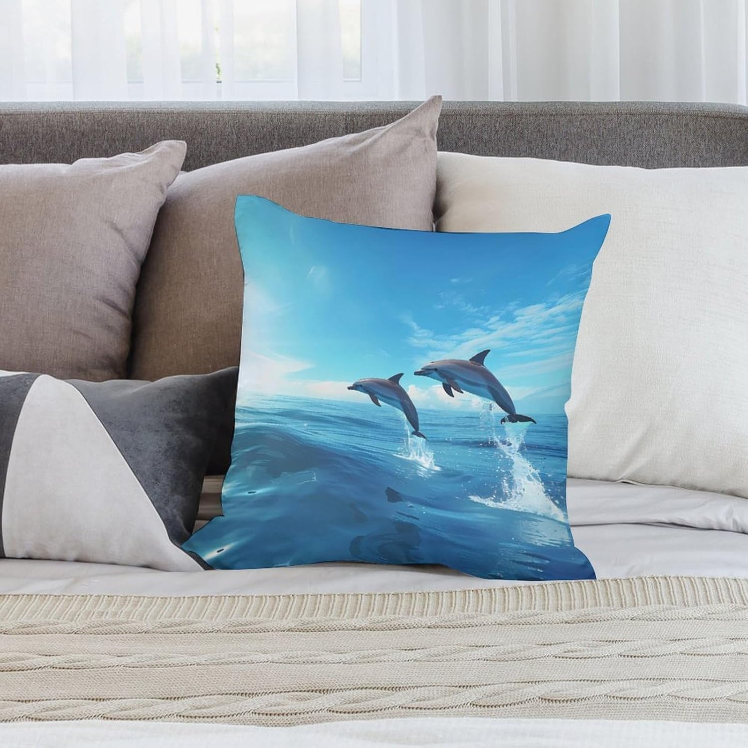 Dolphins Ocean Blue Sky Printed Throw Pillow Case 4 Pcs Soft Pillowcases Pillows Covers Sofa Bed Decor 12/14/16/17/18/20/22/24/32 Inches