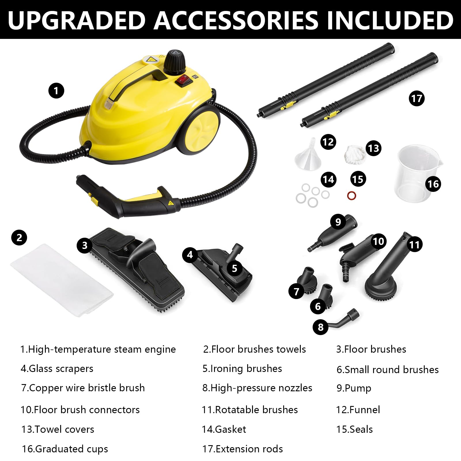Multiuso Limpiador Vapor, 2000W Limpiador de Vapor Hogar Mano con Depósito 2L, Presión de Vapor: 5 Bar, 17 Accesorios, Ideal para Muebles, Sofá, Azulejos, Suelo, Ventana, Coche