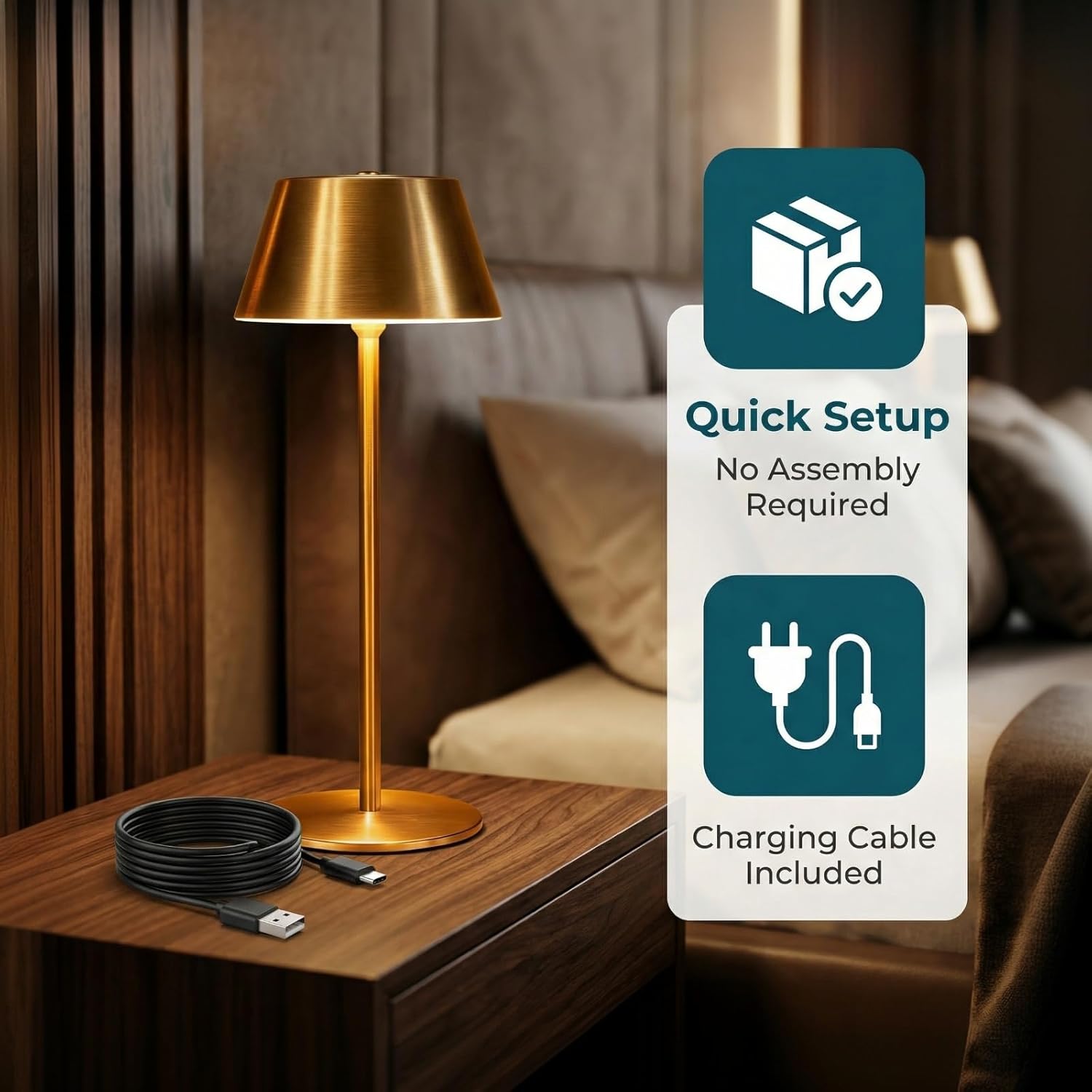 Gold Cordless Table Lamp, Premium All-Metal Brushed Wireless Rechargeable Lamp with Long Battery Life, No Assembly Accent Light for Dining Table, Living Room, Patio, Cafe & Bar