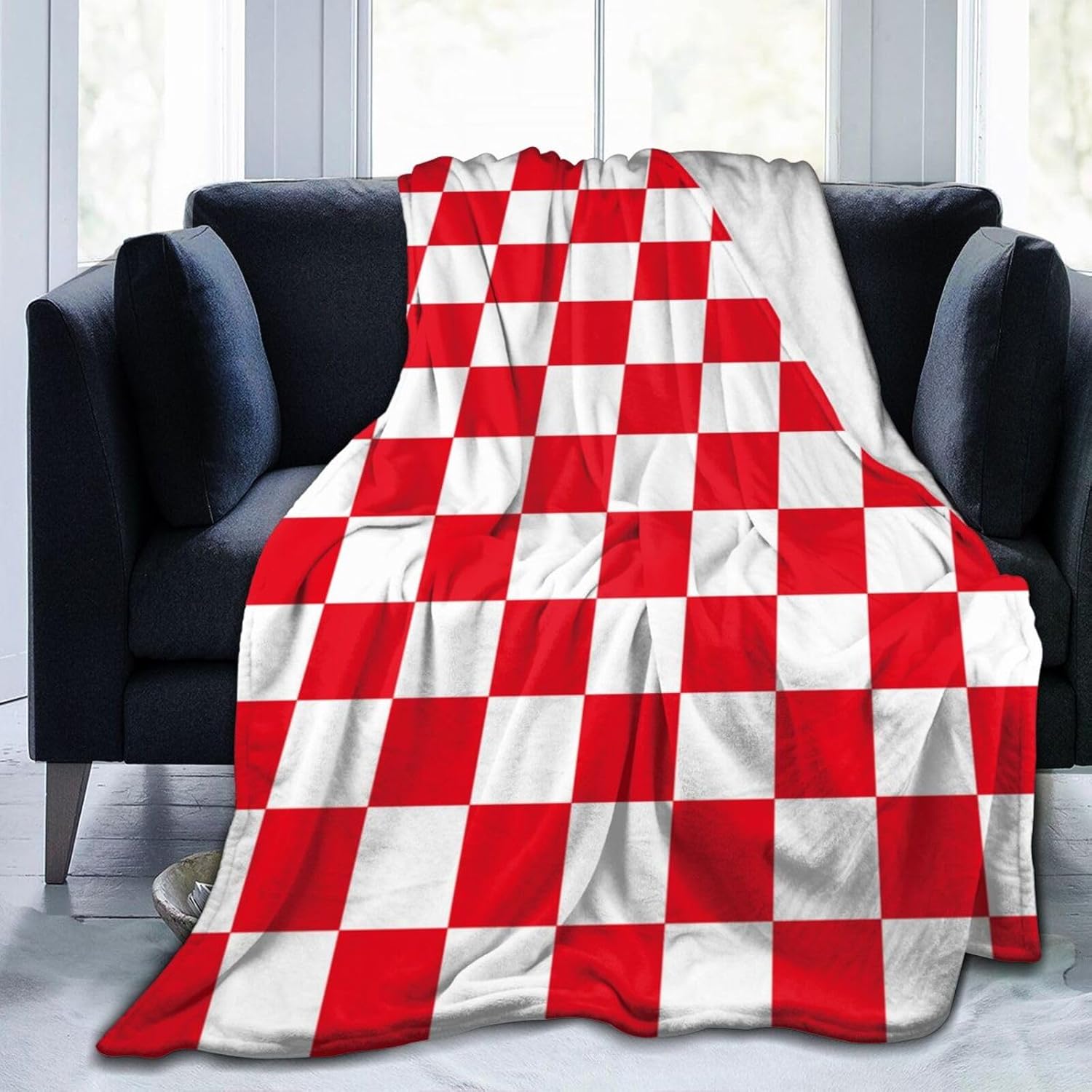 Simple Checkered Red White Blanket Soft Lightweight Throw Blankets Cozy Flannel Bed Throws for Sofa Couch Travel Home Room Bedroom Decor Gifts for Women Men Kids 60"x50"