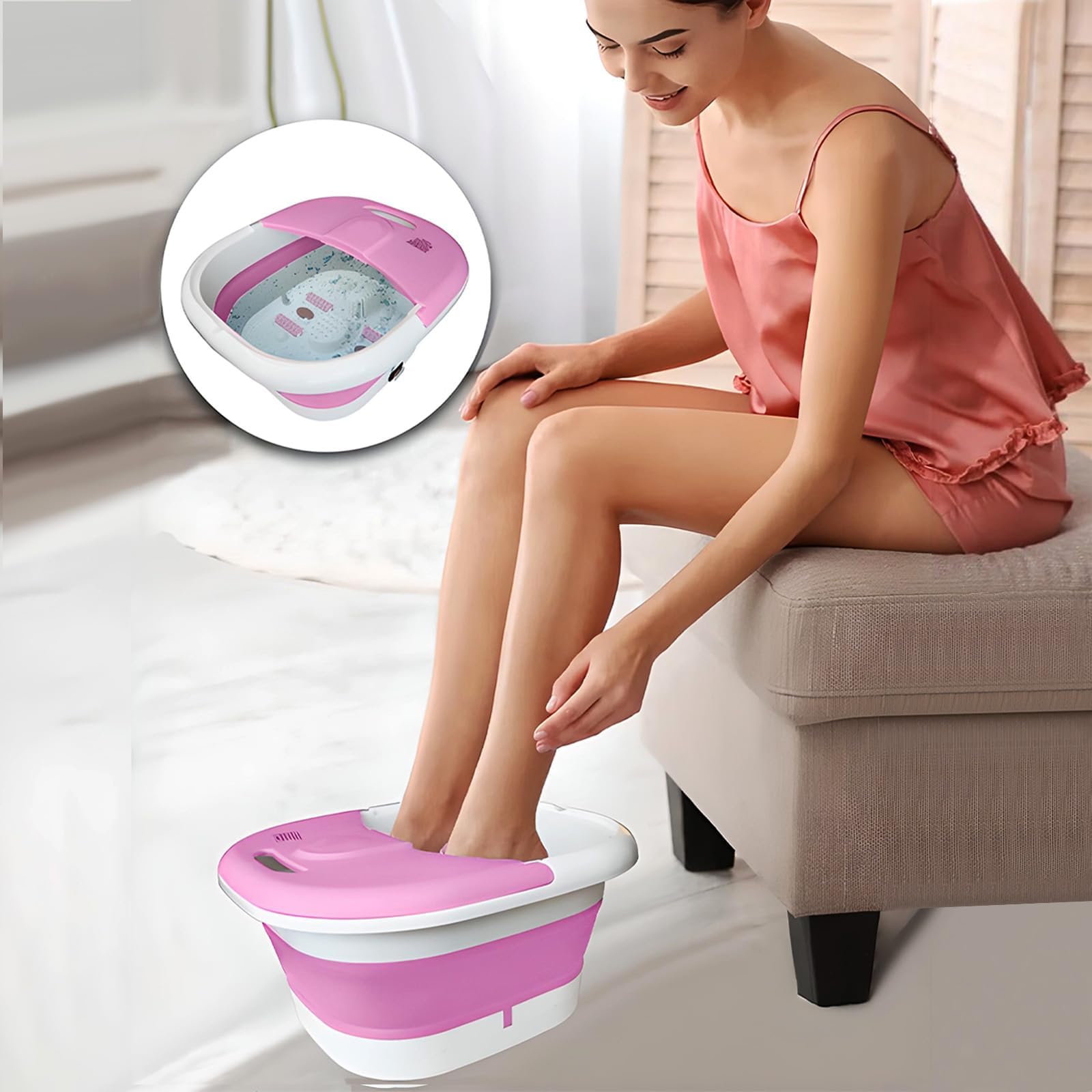 Toshionics Foldable Foot Spa With Heating Bubbles Shiatsu Massager Rollers Mini Feet Bath Tub Basin Pedicure Bucket For Relieving Fatigue And Body Stress (Pink And White)