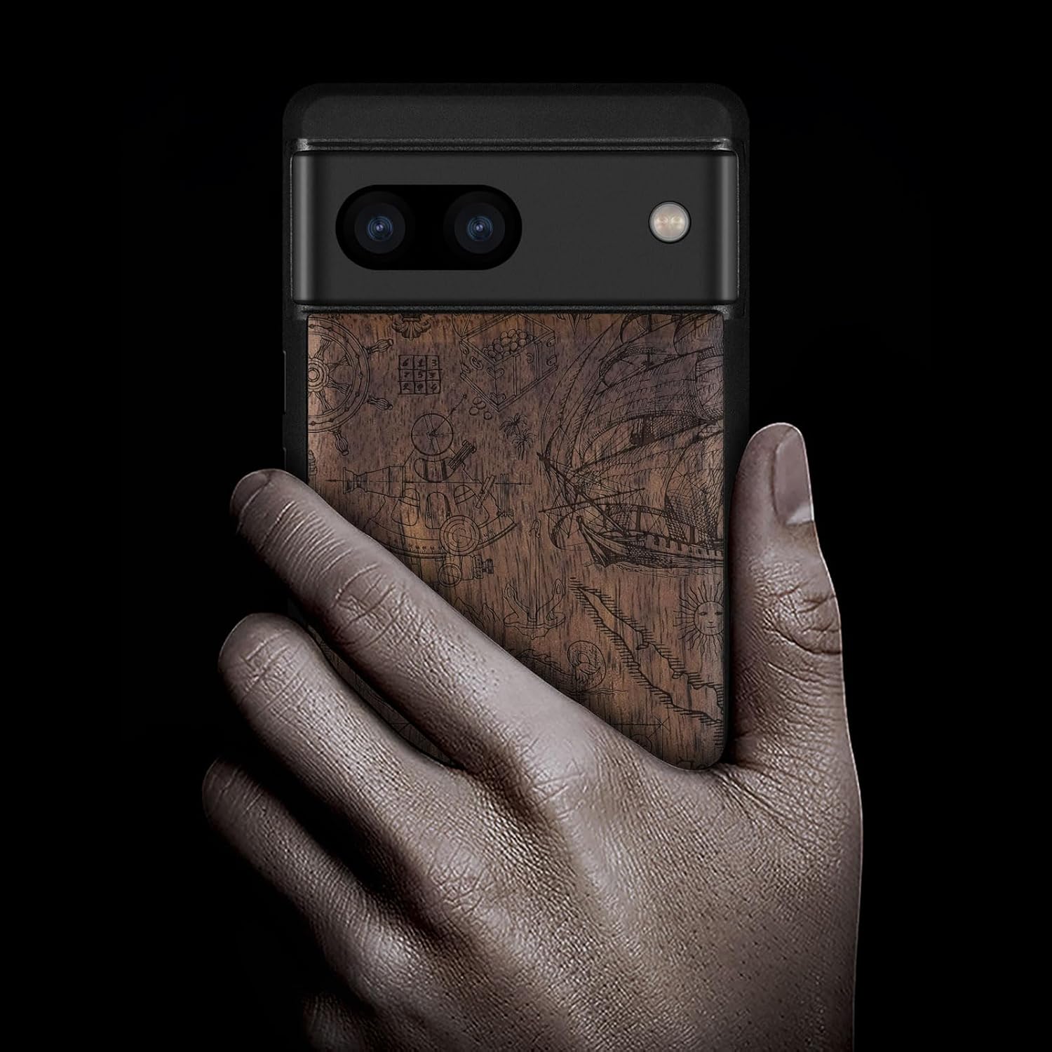 Carveit Wood Case for Pixel 8a Case [Natural Wood & Black Soft TPU] Shockproof Protective Unique Wooden Cover Compatible with Google Pixel 8a (Pirate Flag-Walnut)