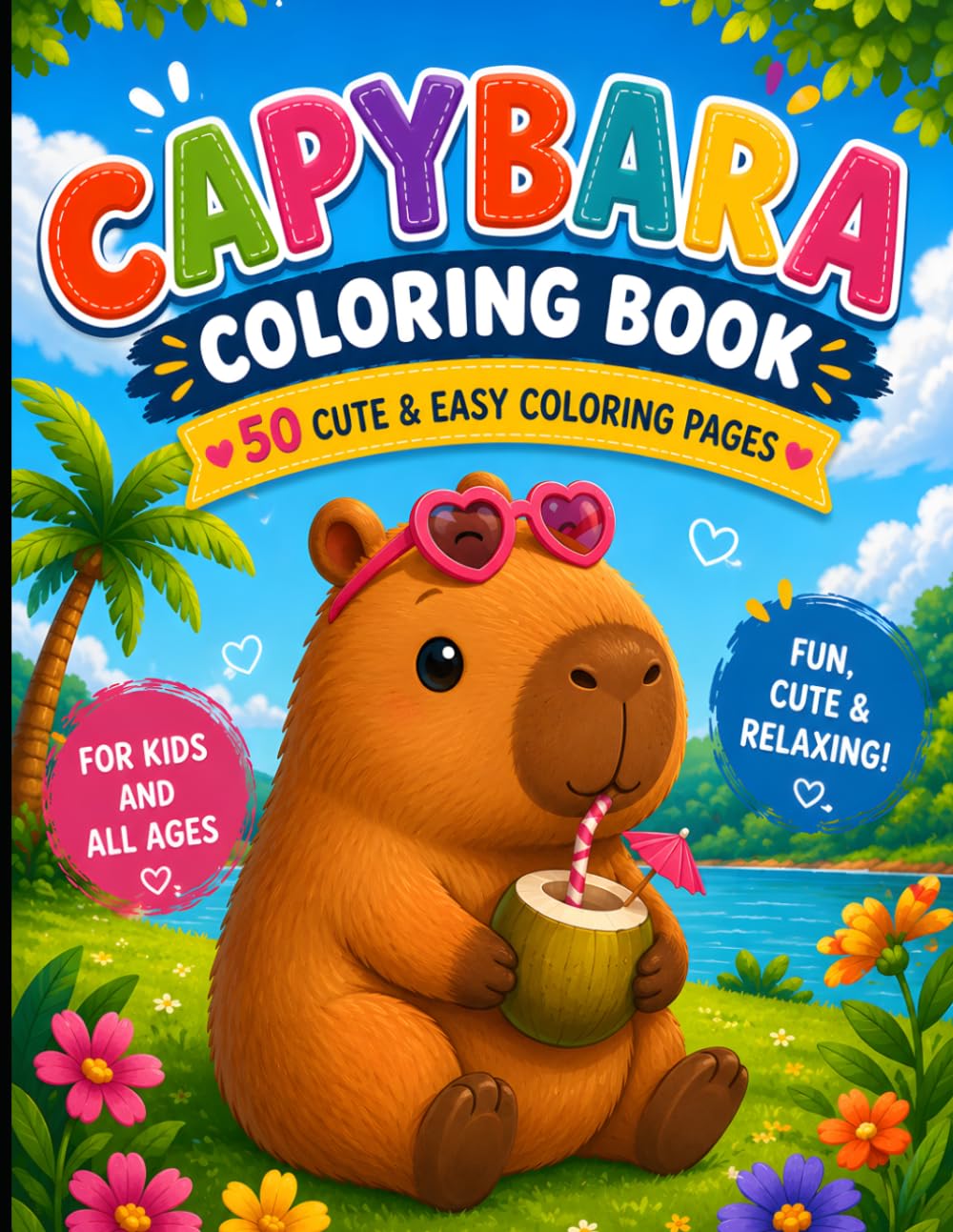Cute Capybara Coloring Book: 50 Fun and Easy Coloring Pages for Kids Ages 4–8