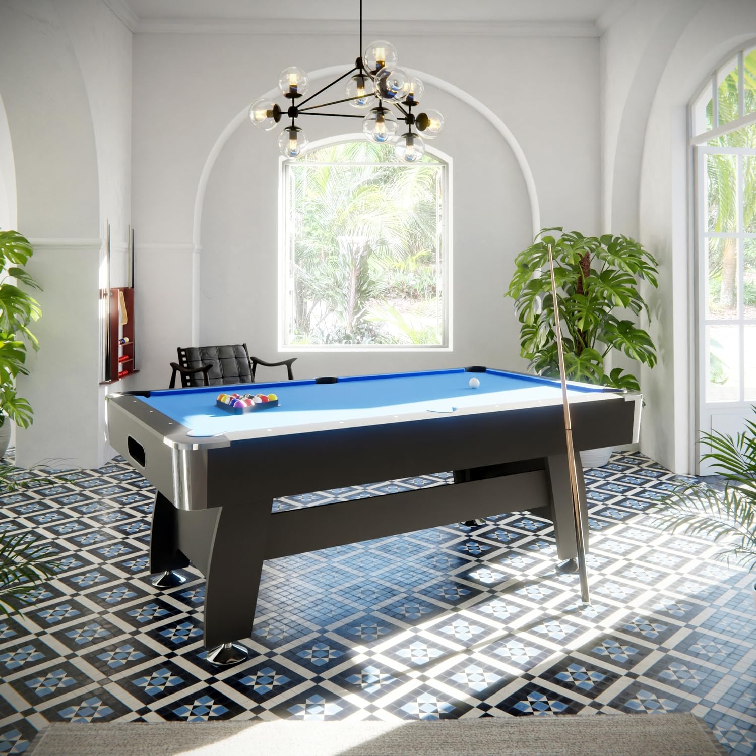 Billard Americain avec Retour de Boules Automatique et Accessoires - Tapis Bleu - 213 x 122 x 81 cm