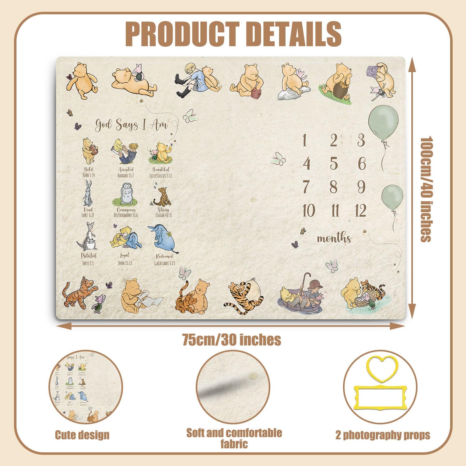 Winnie Baby Milestone Blanket, God Says I am Bold Milestone Blanket, Winnie Newborn Month Blankets for Baby, with Double-Sided Printed Cardstock（16 Unforgettable Moments of Babies）
