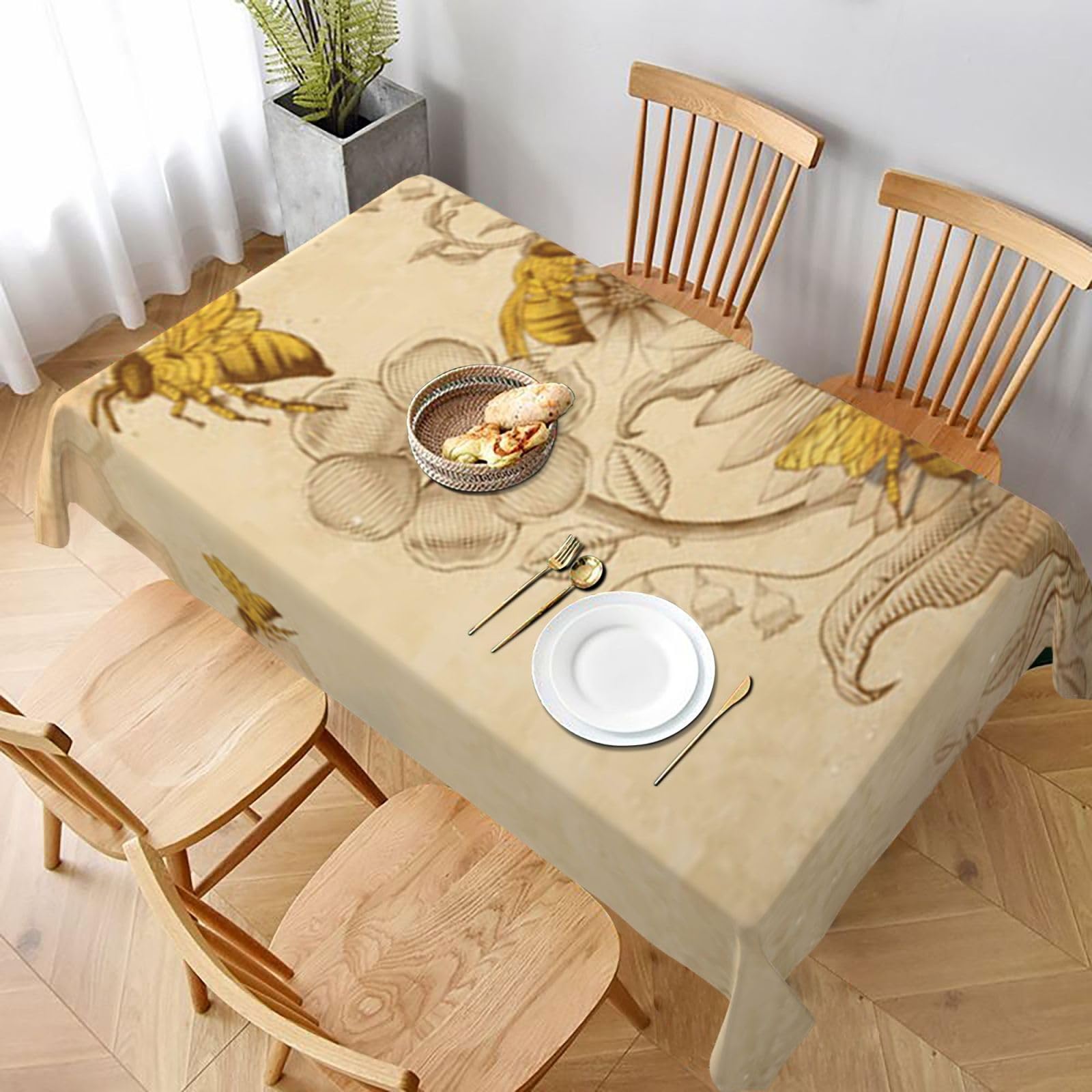 BNVSADC Rural Honey Bees Wildflowers Printed Rectangle Tablecloth 228x152 CM, Water Resistant Polyester Table Cloth Decorative Fabric Table Covers for Kitchen Dining Table Parties Camping