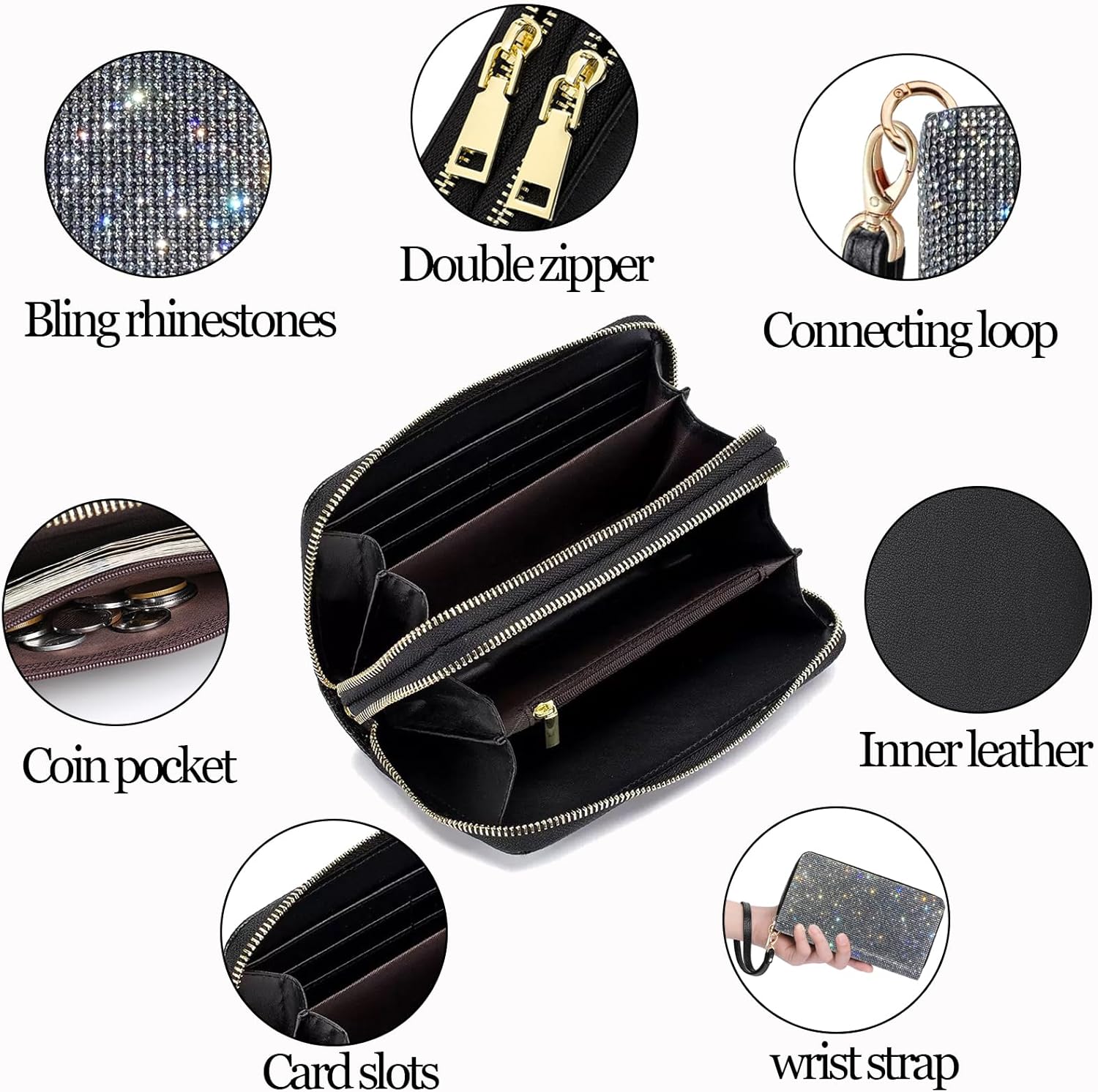 Women's Rhinestone Large Capacity Double Zipper Wristlet Clutch Purse Party Wallet Card Phone Holder - Image 5
