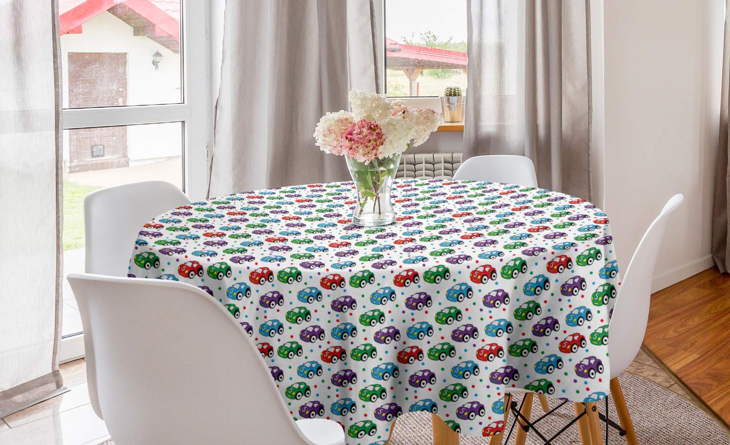 ABAKUHAUSCars Round Tablecloth, Children Baby Boy Toy Pattern with Dots Number 5 Cars for Joyous Play Time, Circle Table Cloth Cover for Dining Room Kitchen Decoration, 60", Multicolor