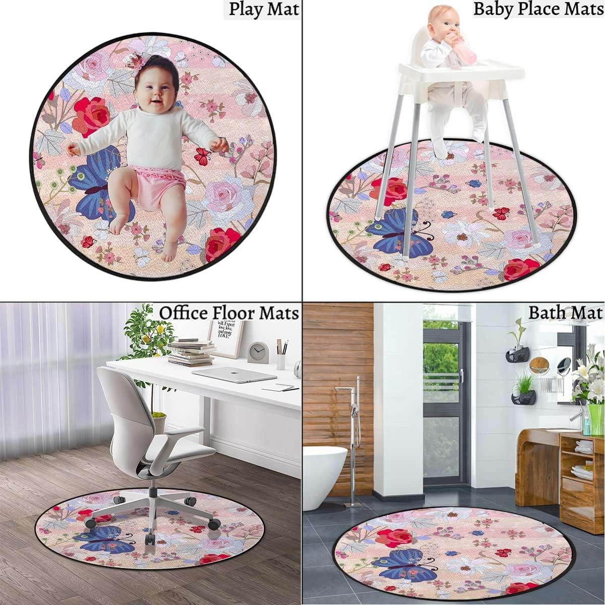 Abstract Round Floor Mats for Office Chair Under Computer Desk Floor Protector for Rolling Chairs Non Slip Anti Scratches Modern Romantic Floral Design,Pink Purple Diameter 35.5 in