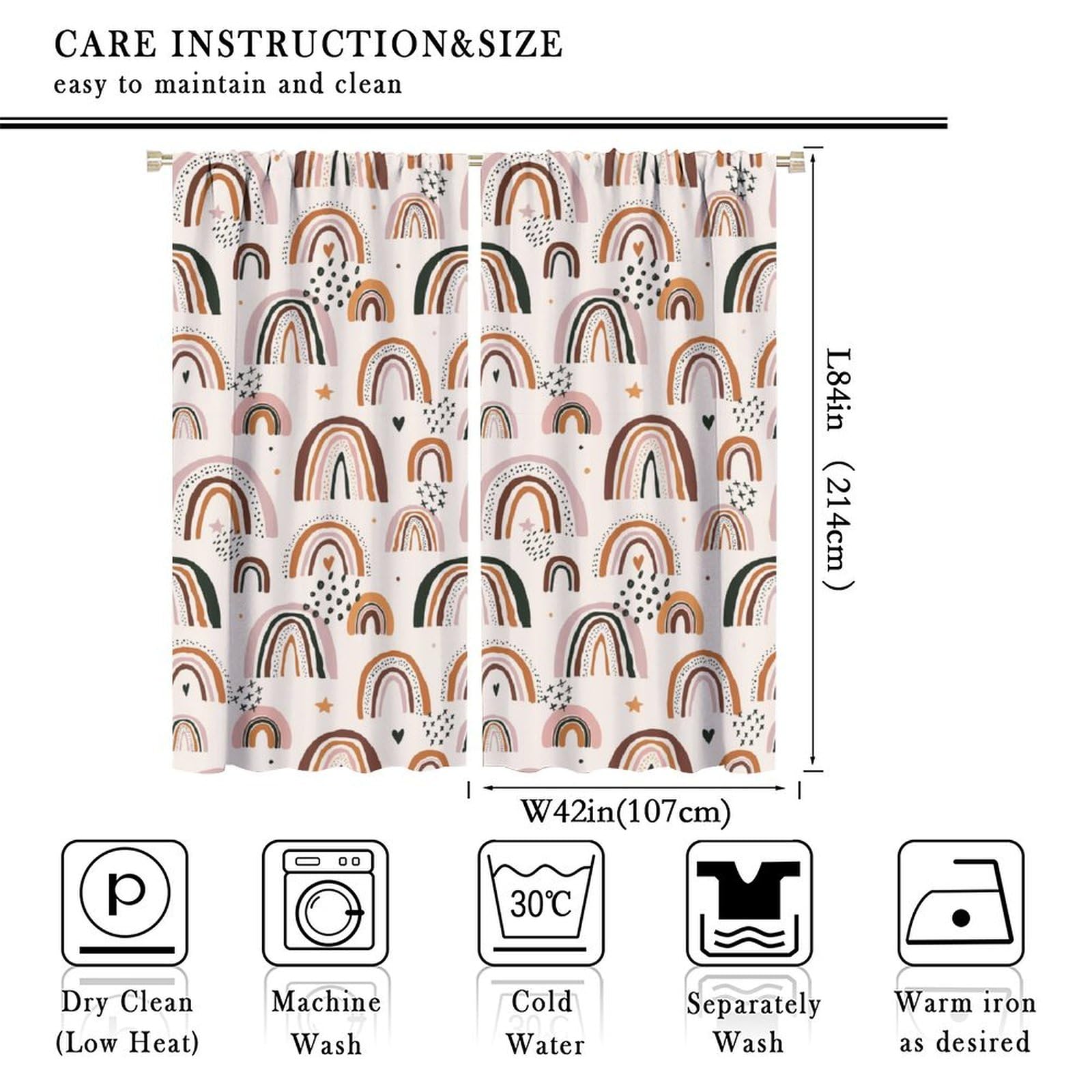 Vintage Kids Rainbow Curtains - Nursery Boho Girls Room Decor Cute Colourful Rainbow Print Thermal Insulated Blackout Curtains - Rod Pocket Window Treatment Drapes for Bedroom 2 Panels 84L x 42W