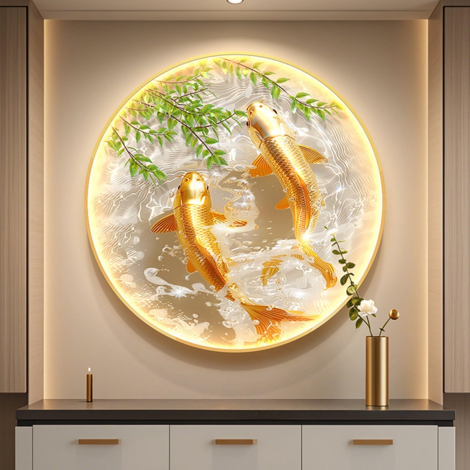DAJIAYIQI Round Koi Fish Wall Art, Modern Feng Shui Illuminated Wall Hanging Decoration, Creative Art Wall Sculpture with Aluminum Frame, for Living Room Bedroom Office(C,60cm/23.6in)