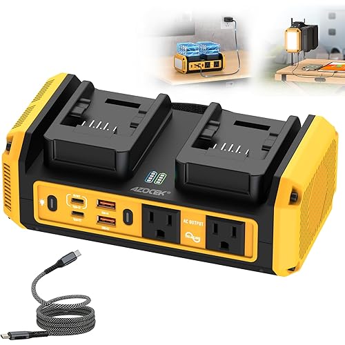 Azocek 350W Power Inverter Pure Sine Wave Compatible with Dewalt 20V Battery (No Battery), 7A Fast Charger, Portable Power Station with 2 AC Outlets, 2 Type-C (140W/65W), 2 QC USB Ports, 600LM LED