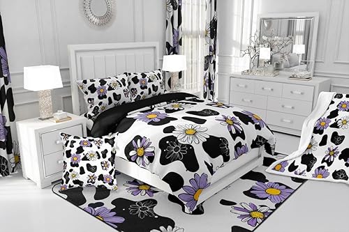 Miniatura 6 de Funda de edredón floral con estampado de vaca lechera, tamaño Queen para mujeres y niñas, juego de ropa de cama de margaritas de lavanda morada,