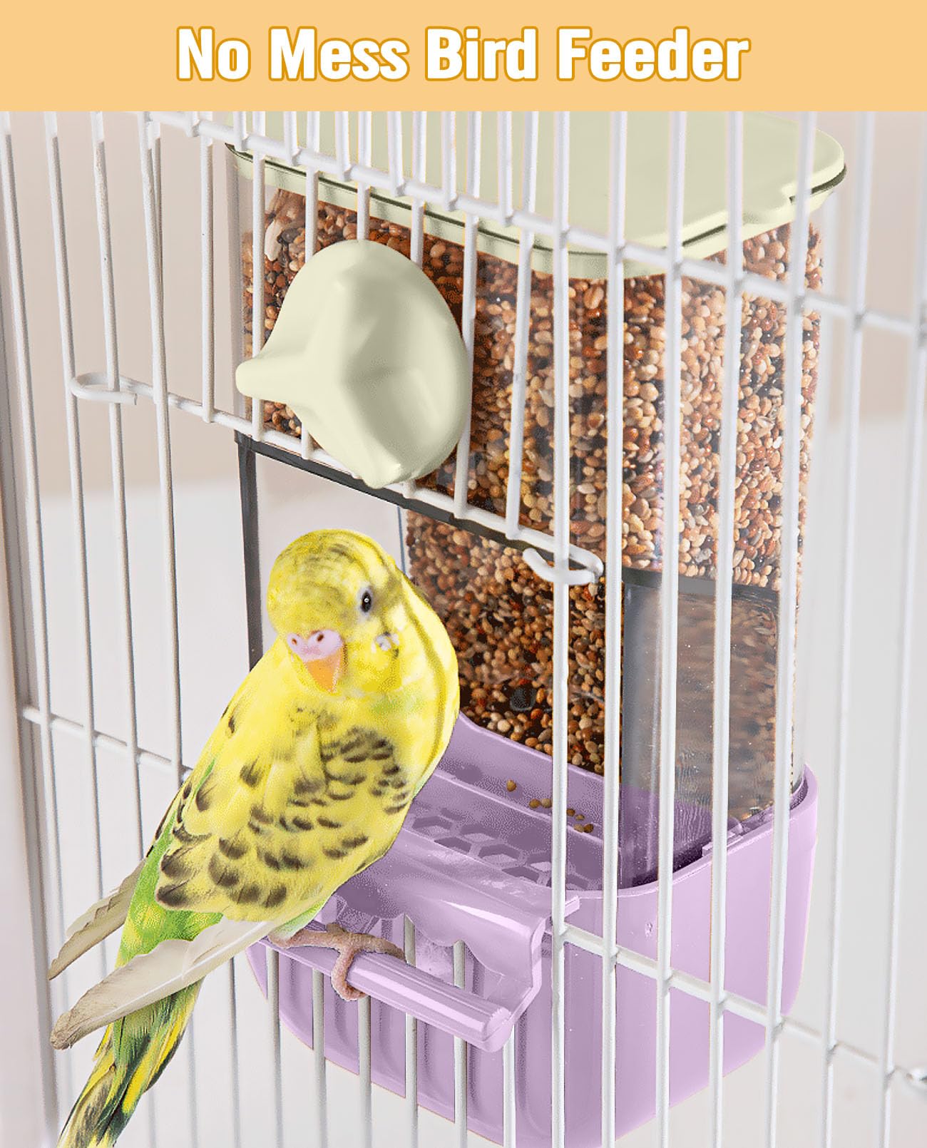 BNOSDM Automatischer Vogelfutterspender für Vögel, kein Durcheinander, für Papageienkäfig, Zubehör, transparenter Samenfutterbehälter mit Sitzstange für Finken, Sittiche, Wellensittiche, Lovebirds
