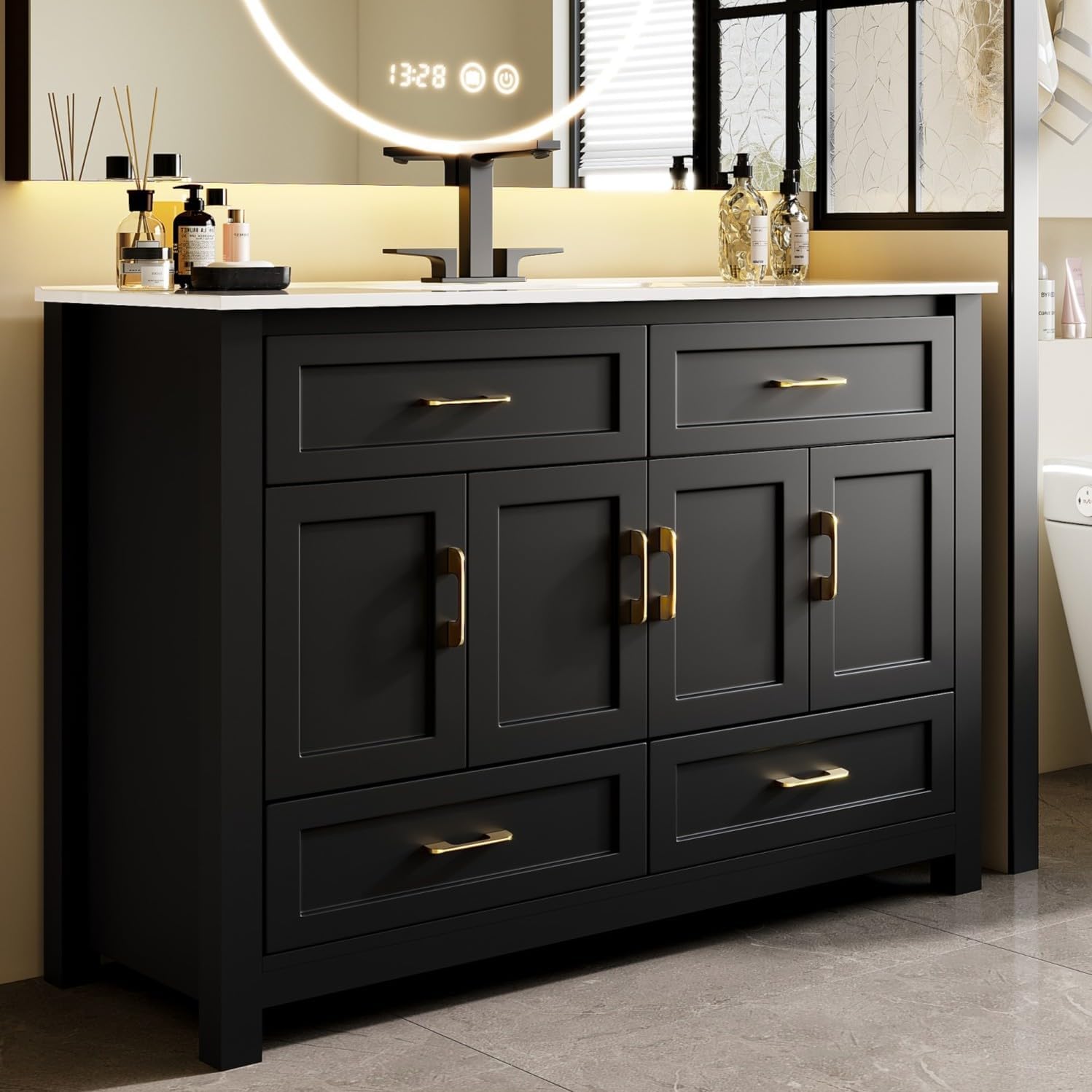 48" Black Bathroom Vanity with Sink Combo,Freestanding Bathroom Vanities,Modern Bathroom Storage Cabinet with 4 Drawers & 4 Soft-Close Doors