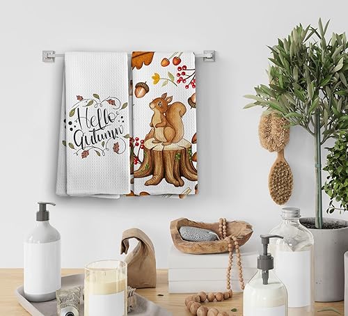 Miniatura 4 de Toallas de cocina de otoño, toallas de mano de otoño, decoraciones de otoño, figuras de animales del bosque, erizo, hojas de ardilla, hongos,