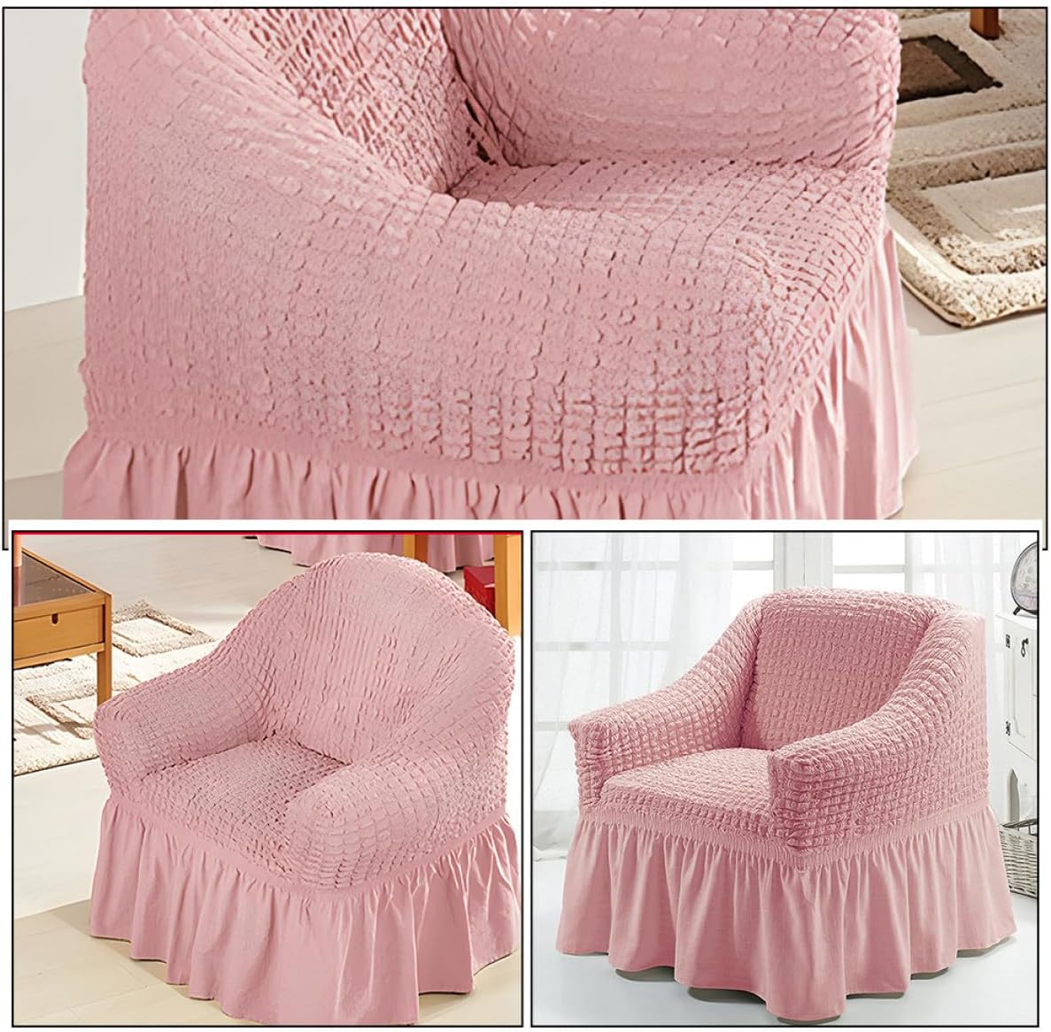 Recliner Chair Cover and Lounger Slipcover, Pink Stretch Fabric Sofa Protector with Skirt Edge, Elastic Armchair Cover for Recliners, Home Living Room Furniture Protection