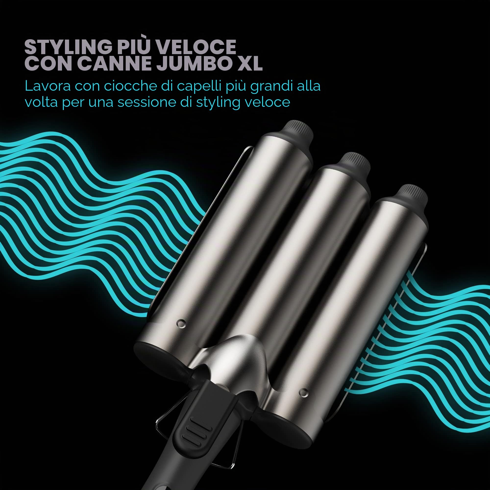 Revamp Progloss Boho Beach Waver XL – 38 mm waver con 3 fusti per onde morbide e grandi – Livelli di calore variabili e spegnimento automatico