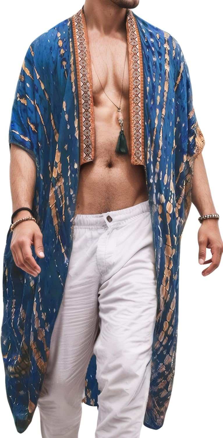SEAUR Men's Lightweight Kimono Robe Casual Open Front Long Cardigan Summer Loose Half Sleeve Beach Shawl