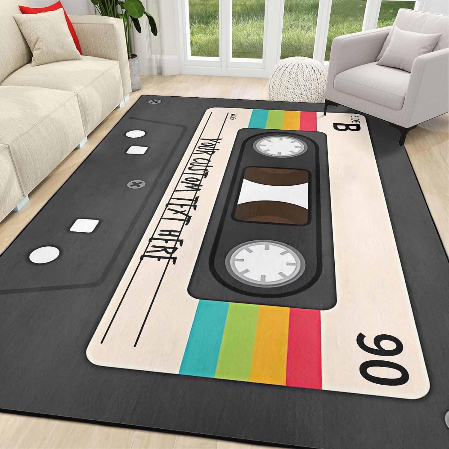 Custom Retro Cassette Tape Printed Area Rugs for Bedroom Personalized Vintage Music Casette Floor Mats for Home Decor Custom Non-Slip Carpet Indoor Mat Gift for Music Lovers Made in USA