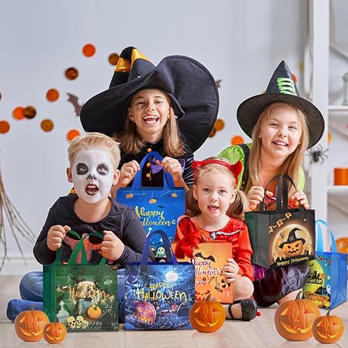 Miniatura 4 de AhfuLife 12 bolsas de Halloween para dulce o truco, bolsas de dulces de Halloween con asas para niños, bolsas de regalo reutilizables no tejidas de