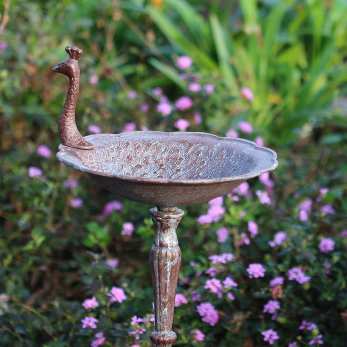 TentHome - Comedero y Bebedero para Pájaros en Forma de Pavo Real, Hierro Fundido, para Baño de Pájaros, Jardín Exterior, Marrón Envejecido