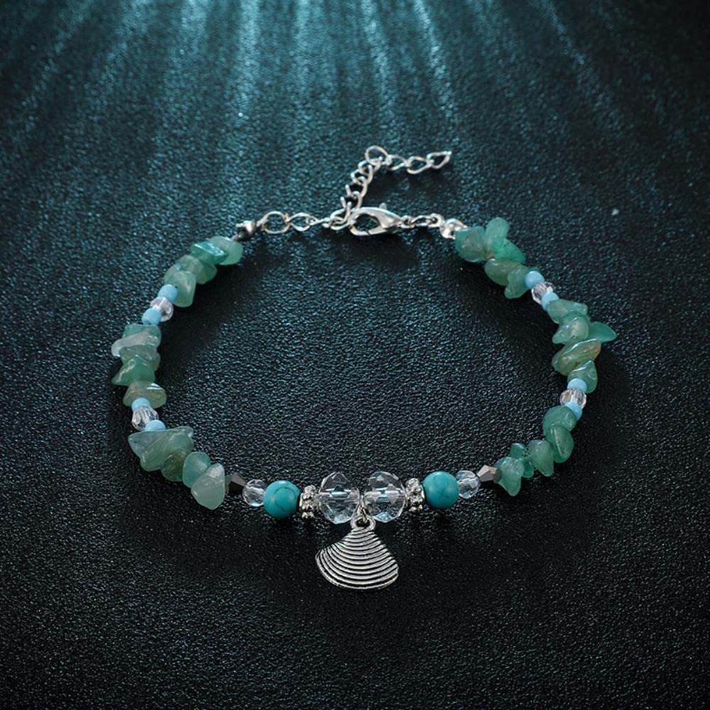 Tobilleras con cuentas de piedra Irregular verde para mujer, colgante de concha de mar de Metal, joyería para pie de playa, tobilleras con dijes