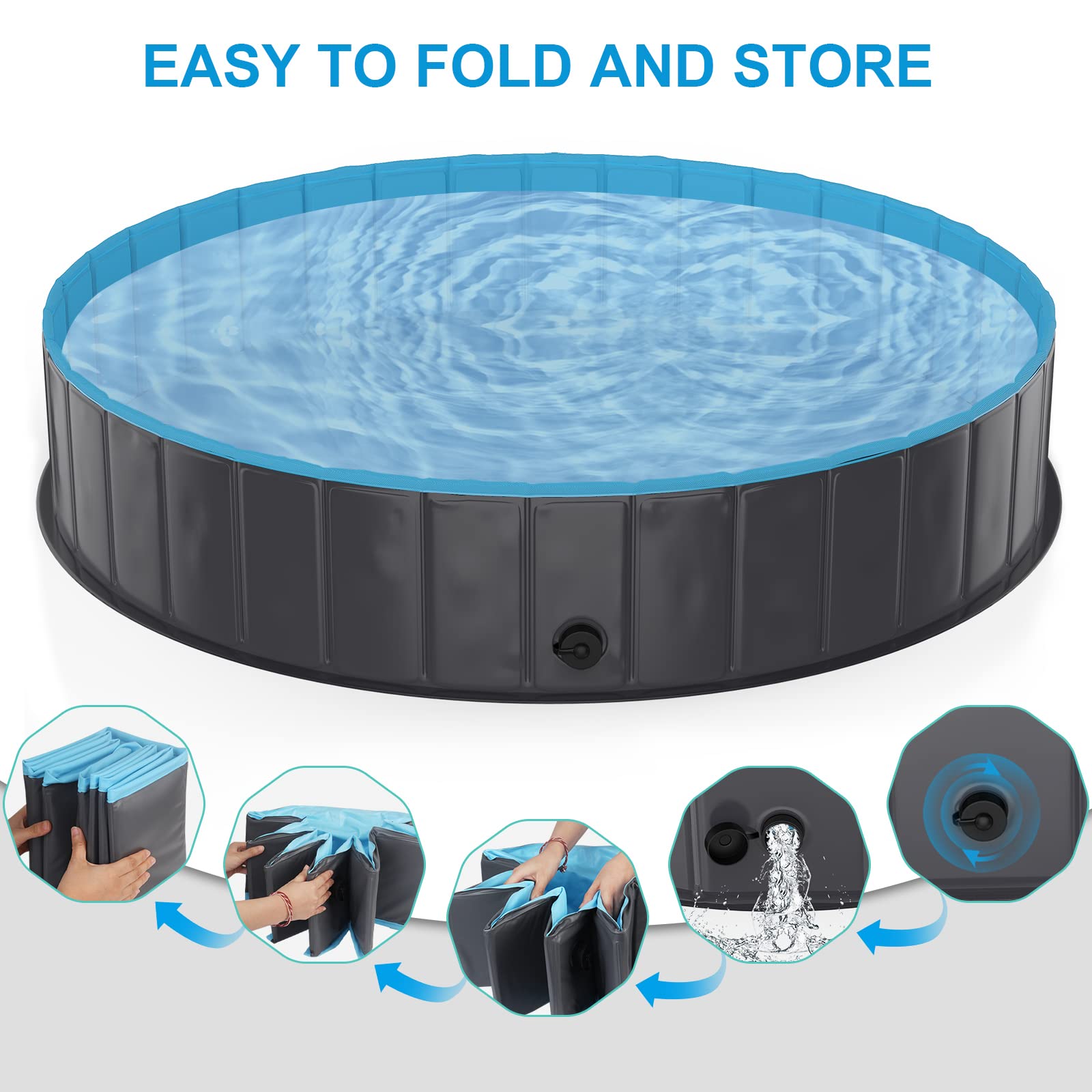 Piscine pour Chien Pliable, PVC Chien Piscine Baignoire Bassin pour Animaux Antidérapant Bassin de Baignade pour Chiens et Enfants, Gris Foncé, 160 x 30 cm