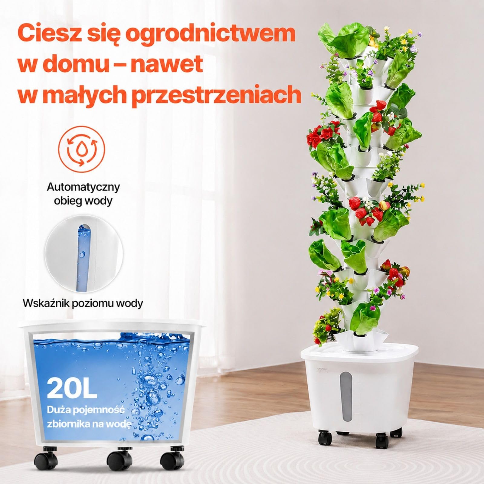 Pionowy system hydroponiczny z 50 miejscami do sadzenia, 10 poziomami, zbiornikiem na wodę 20 l, pompą wodną i kółkami, do ziół, owoców i warzyw w pomieszczeniach