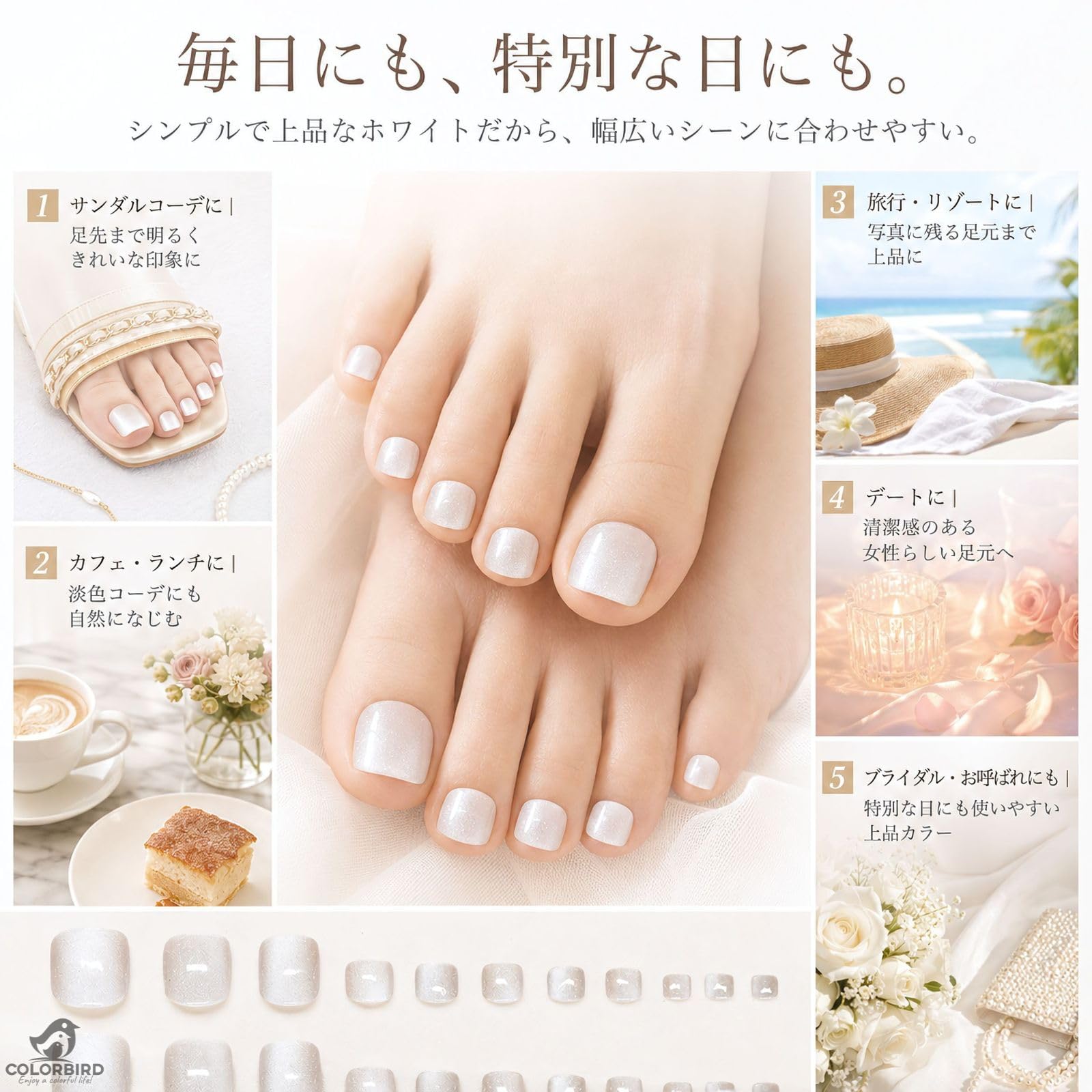 Amazon | COLORBIRD フット ネイルチップ 足 パールホワイト