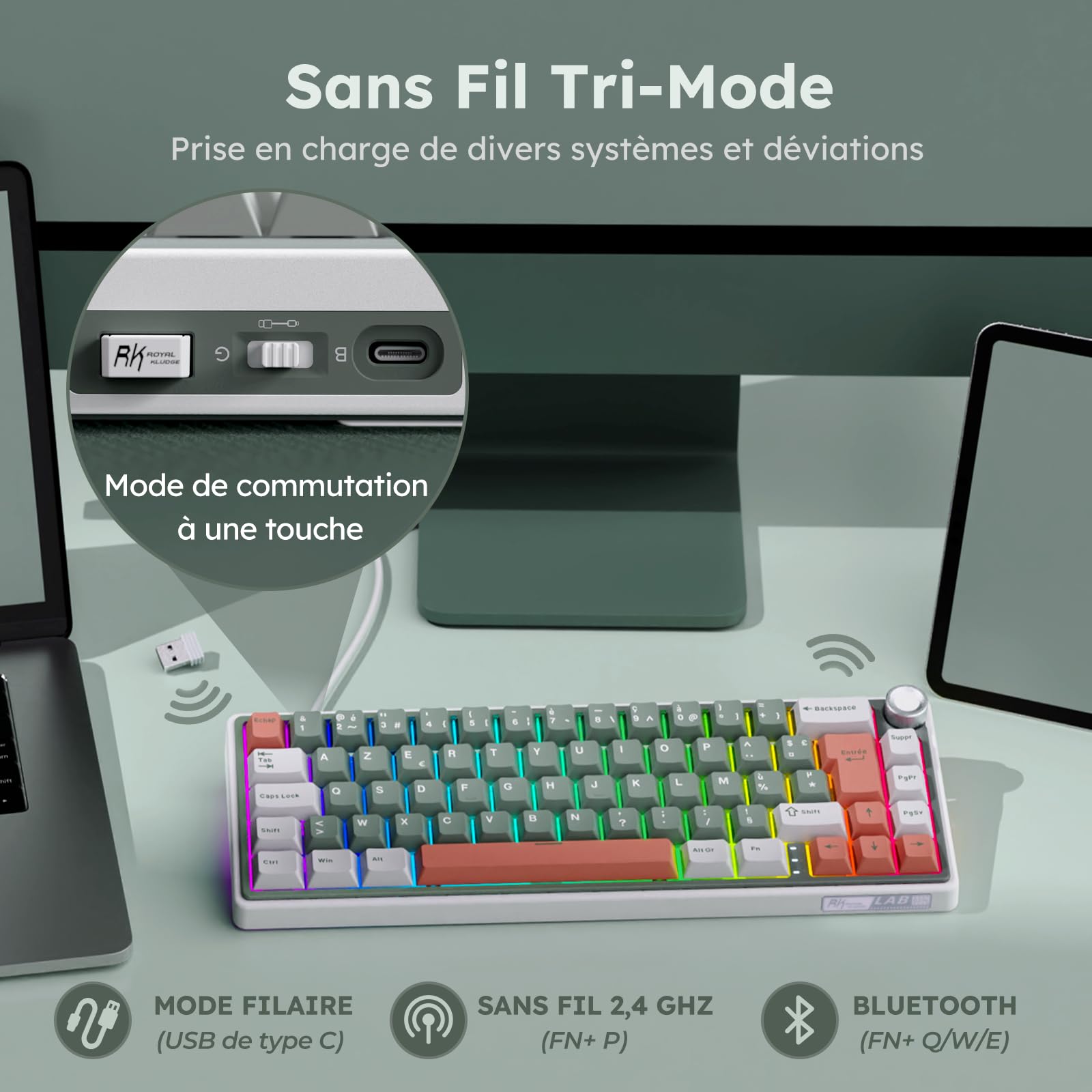 RK ROYAL KLUDGE R65 Clavier Mécanique 60% sans Fil | AZERTY FR, QMK/Via, Hot-Swap, Gasket Mounted, Gamer Tri-Mode Bluetooth/2.4G/USB-C, RGB, PBT Keycaps, Creamy Switch