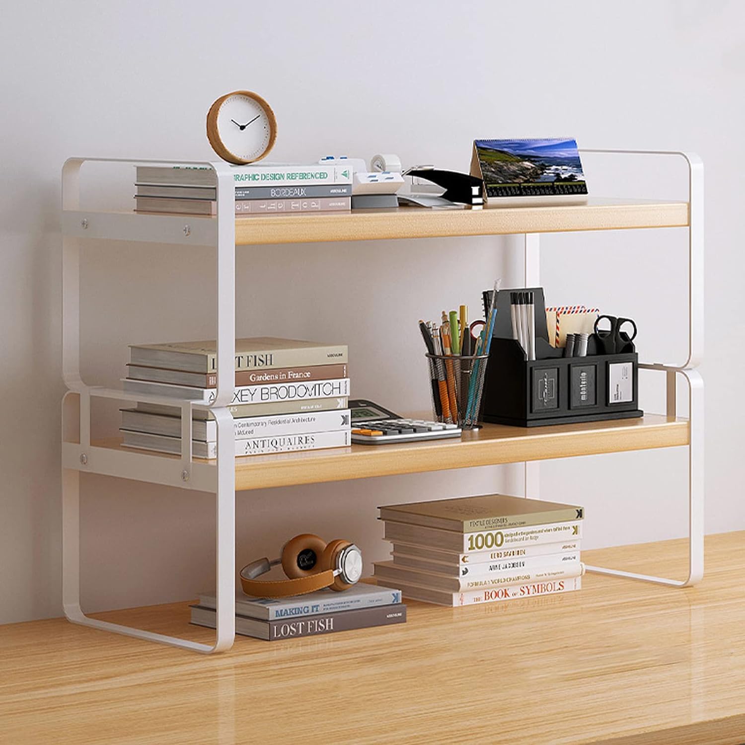 DoToGo Wood Office Desk Shelf Organizer - Desktop Supplies Cute Dresser Top Organization Storage Rack and Cubicle Decor Aesthetic Bookshelf for Women Man and Kids โ image 1