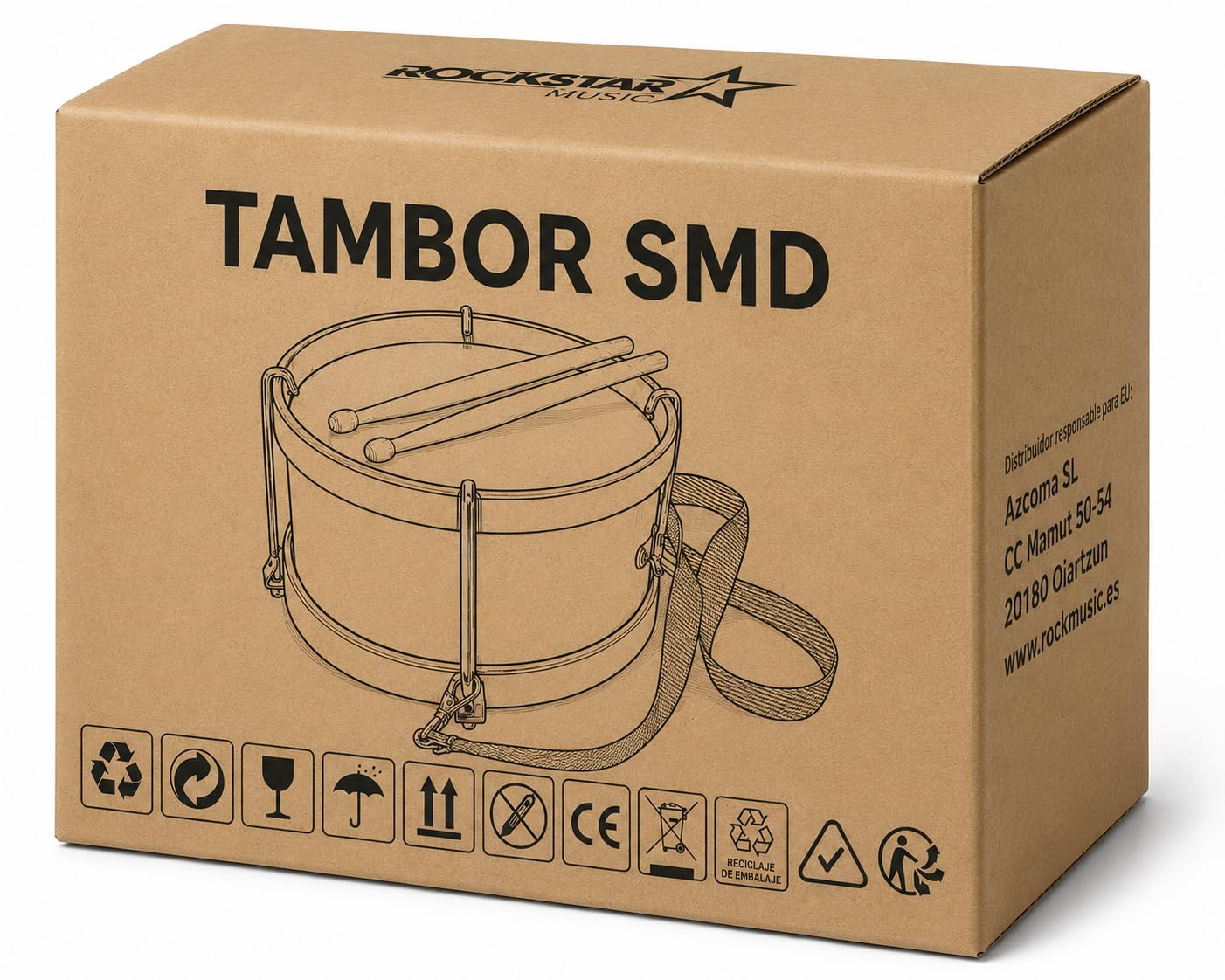 ROCKSTAR - Tambor Parche Afinable de Madera SMD105BL Caja de marcha, Instrumento Musical, Incluye Correa y Baquetas. Diámetro 24cm
