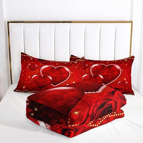 Miniatura 5 de AILONEN Juego de ropa de cama con estampado de corazones y amor, juego de edredón de rosas rojas 3D para niñas y mujeres, juegos de edredón de