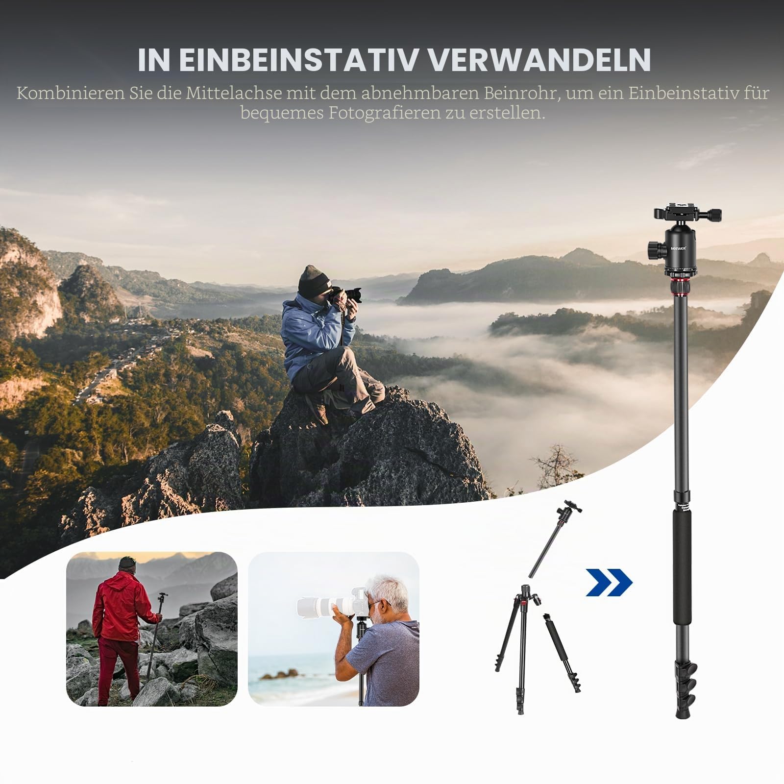 NEEWER 195,6cm Kamera Stativ Einbeinstativ mit Handyhalter, 360° Kugelkopf, Aluminium DSLR Tripod, Max 15,4kg, TP77