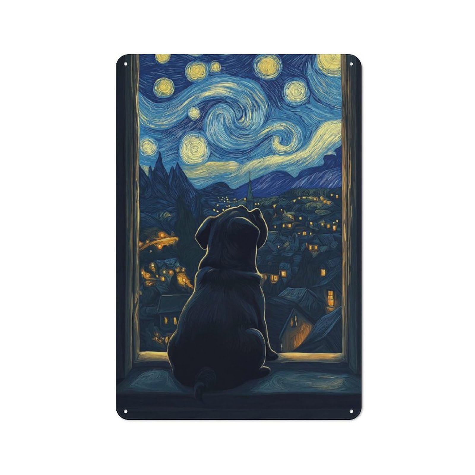 Junmoney Style-2 Metal Plaque 30X20cm With Pug Starry Night For Pub Or Café, Retro Decor, For Pub Decor Enthusiasts Refreshing A Room In Autumn